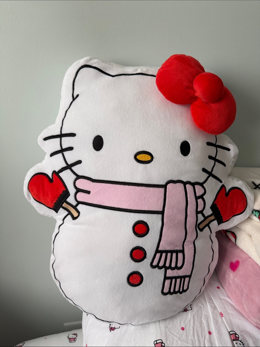 Hello Kitty White Plush Pillow with Red Bow and Pink Scarf